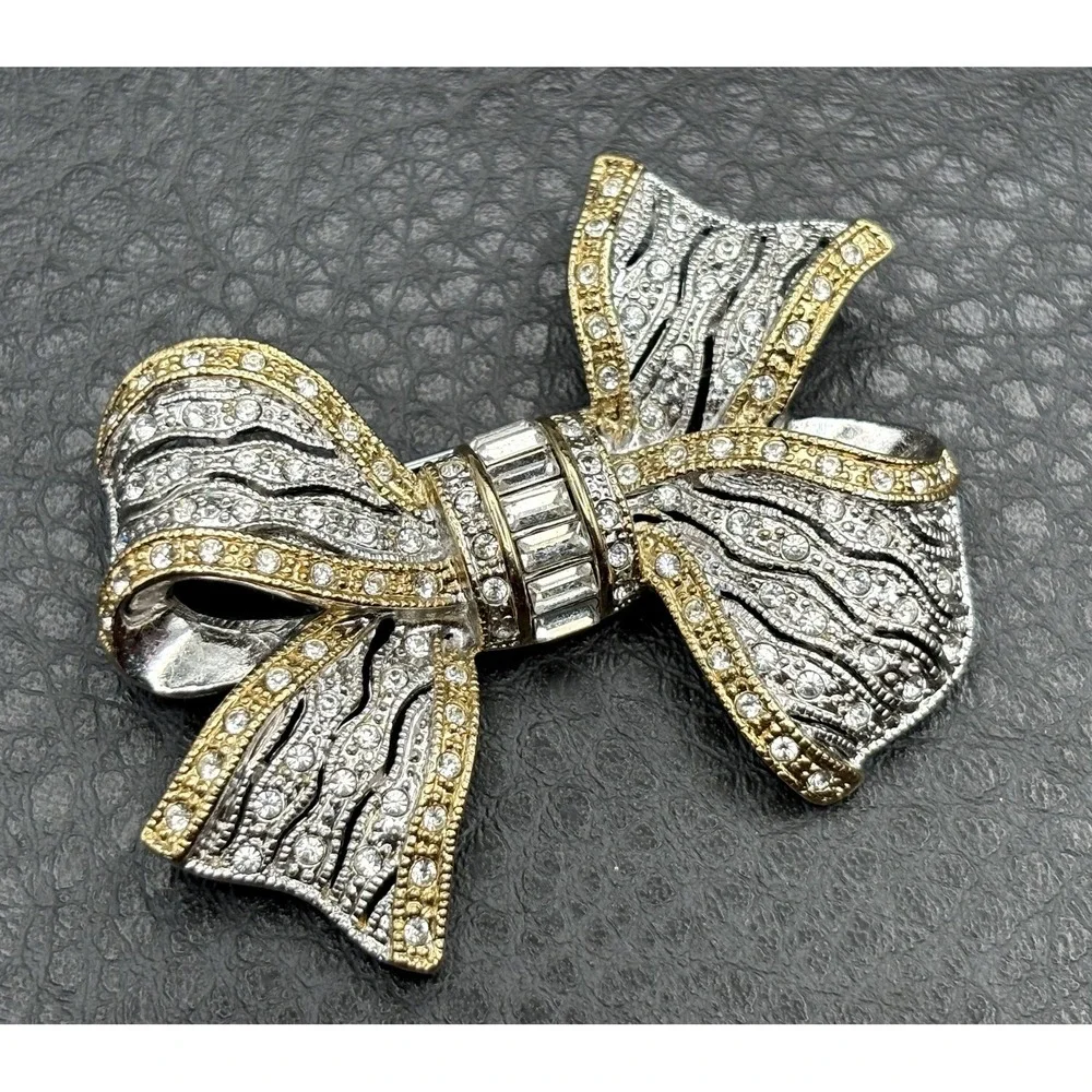 Vintage 90s Gold Tone Silver Tone Rhinestone Bow Brooch Pin Art Deco Revival